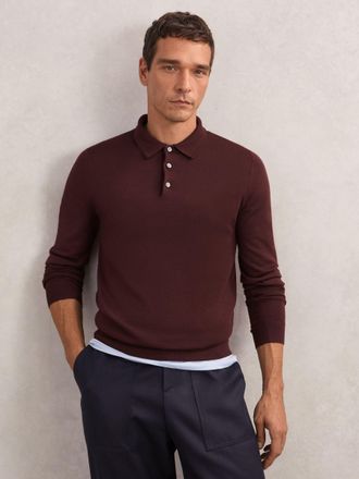 Reiss Port Red Merino Wool Long-sleeve Polo Shirt, XS
