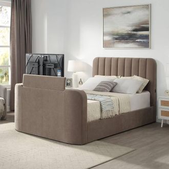 Aspire Home Accents Cresta Curved Chenille TV Bed with Ottoman Storage in Taupe | Size: Super King