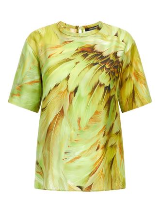 Roberto Cavalli feather-print silk T-shirt - women - Silk - 44 - Green