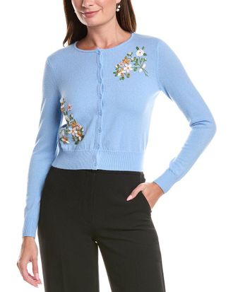 Teri Jon by Rickie Freeman Flower Embroidered Wool & Cashmere-Blend Cardigan