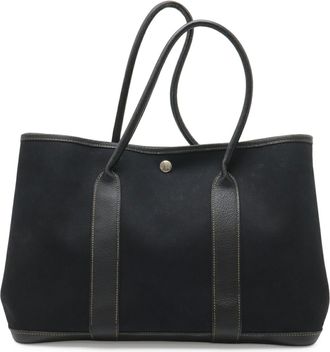 Herm&egrave;s Garden Black Toile Officier Leather Handbag Tote Bag (Pre-Owned)