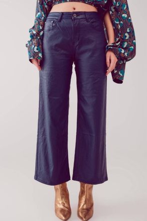 Q2 Faux Leather Wide Leg Cropped Pants In Blue
