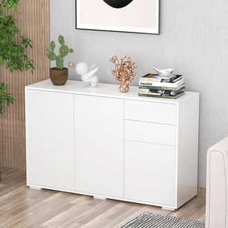 HOMCOM Gloss Push-Open Side Cabinet W/ 2 Drawer, 2 Door Cabinet for Home Office in White
