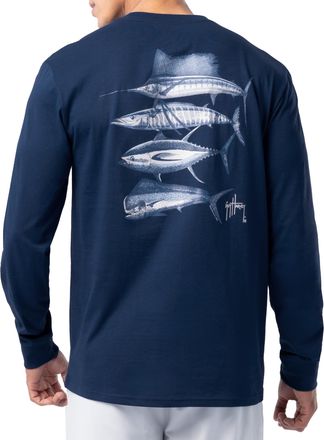 Guy Harvey Mens Long Sleeve Lightweight Cotton Fishing Graphic Pocket T-Shirt, Estate Blue/Slam Stencil, Medium