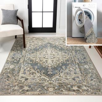 Jonathan Y Designs Pavel Distressed Medallion Low-Pile Machine-Washable Area Rug in Blue/cream at Nordstrom, Size 3Ft 0In X 5Ft 0In