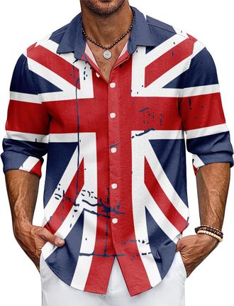 Generic Mens Union Jack Shirt Great Britain Bunting Flags Print Long Sleeve Shirts Casual Button Down Shirt (UK, Alpha, 4XL, Regular, Regular, 3)