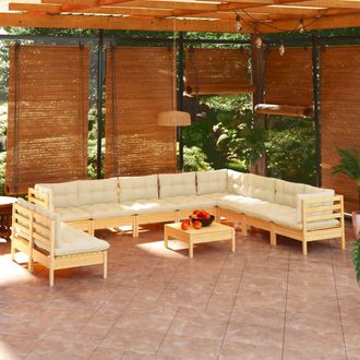 vidaXL Muebles De Jard&iacute;n 11 Pzas Y Cojines Madera Maciza De Pino Crema Vidaxl
