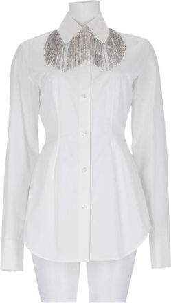 Sportmax Tailored White Shirt With Jewel-Embellished Collar And Silver Fringe