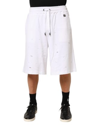 Dolce & Gabbana White Cotton Ripped Bermuda Sweatpants Mens Shorts