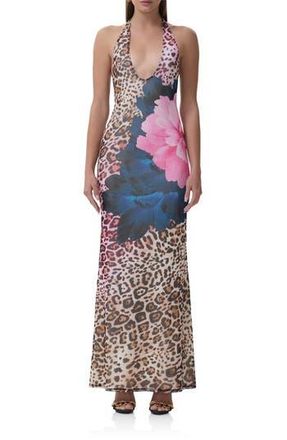AFRM Paisleigh Mixed Print Halter Neck Maxi Dress in Animal Block Peony at Nordstrom Rack, Size X-Large