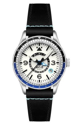 AVI-8 Flyboy Airmaster GMT Leather Strap Watch, 40mm in White at Nordstrom