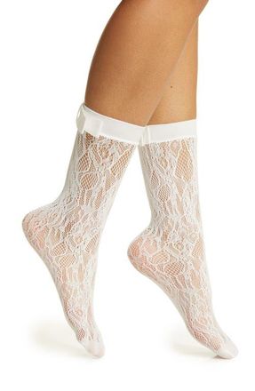 High Heel Jungle Coco Bow Lace Crew Socks in White at Nordstrom