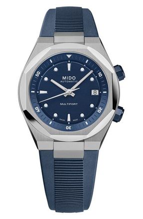 Mido Multifort 8 Two Crowns Automatic Rubber Strap Watch, 40mm in Blue at Nordstrom