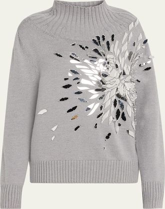 Oscar De La Renta Shattered Glass Embroidered Mockneck Sweater