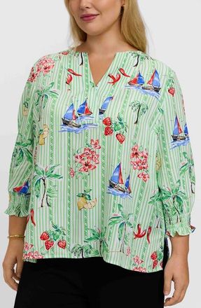 Foxcroft Alicia Resort Stripe Popover Top in Green Multi at Nordstrom, Size 2 X
