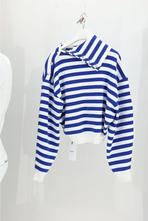 Celine Womens High Neck Sweater White-Royal Blue Cotton White/royal