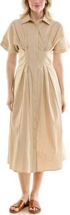 Nicole Miller Pintuck Waist Midi Shirtdress in Mocha /White at Nordstrom Rack, Size 16