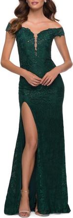La Femme Lace Off the Shoulder Gown with Deep V Neckline in Emerald at Nordstrom, Size 16