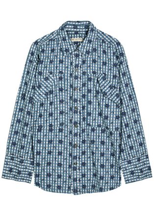 Free People Hidden Flower Camo Checked Cotton Shirt - Navy - L (UK16-UK18 / L)