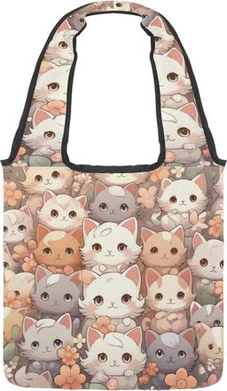 Generic Cute Cartoon Kitten Reversible Canvas Shoulder Tote - Double-Sided Print, 12oz Cotton, 27cm Drop, Fold-Flat Bag for Travel, Shopping, Street Outings