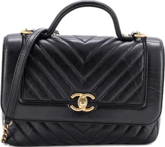 Chanel Top Handle Flap Bag Chevron Calfskin Small crossbody bag - women - Calf Leather - One Size - Black