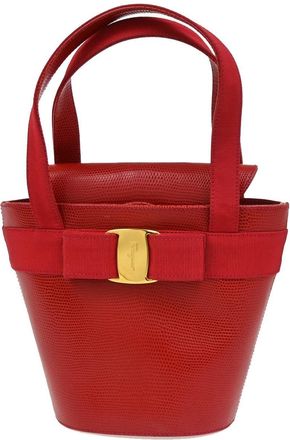 Ferragamo Vara Bow Top Handle Bucket Bag Leather Red Leather Handbag (Pre-Owned)