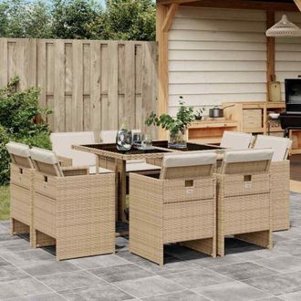 vidaXL Set Comedor De Jard&iacute;n 9 Pzas Con Cojines Rat&aacute;n Sint&eacute;tico Beige Vidaxl