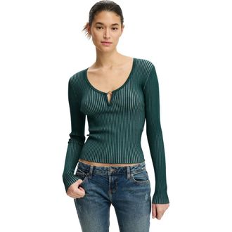 Cotton On Womens Two Tone Rib Keyhole Knit in Evergreen at Nordstrom, Size Xx-Small