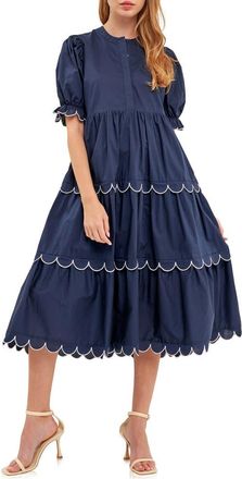 English Factory Contrast Scalloped Trim Cotton Midi Dress in Navy/White at Nordstrom, Size X-Small
