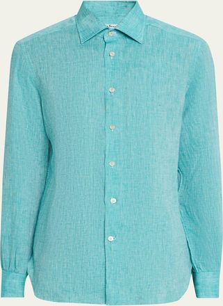 Kiton Mens Solid Linen Button-Down Shirt