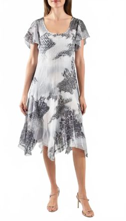 Komarov Flutter Sleeve Charmeuse And Chiffon Dress In Charcoal Leopard