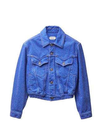 Versace Cropped Jacket In Vibrant Blue Hue With Classic Collar