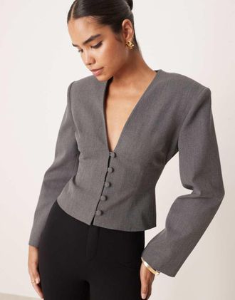 Asos Blazer grigio mélange stretto in vita con scollo profondo