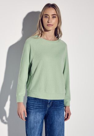 Street One Sweater STREET ONE, Damen, Gr. 44, gr&uuml;n (milky gr&uuml;n), Sweatware, Obermaterial: 66% Polyester, 34% Viskose, unifarben, bequem h&uuml;ftbedeckend, U-Boot-Aus