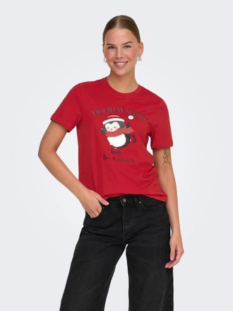 Only Kurzarmshirt ONLY ONLKITA LIFE REG S/S TOP BOX XMAS JRS, Damen, Gr. XS (34), rot (urban rot print:christmas penguin), Jersey, Obermaterial: 100% Baumw