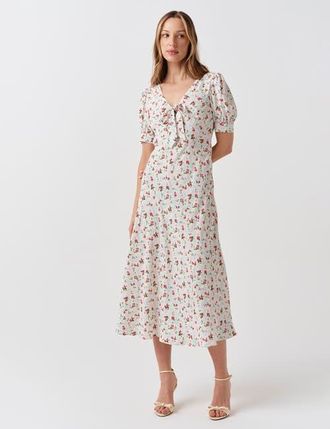 Ghost London Dorothy Tie V-Neck Crepe Midi Dress in Ivory Ditsy at Nordstrom, Size 10