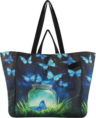 Generic Blue Butterfly Glass pattern Reusable Canvas Tote Bag, Heavy Duty Grocery Shopping Bag with Double Handles Large Capacity Hard Bottom Work Groceries T