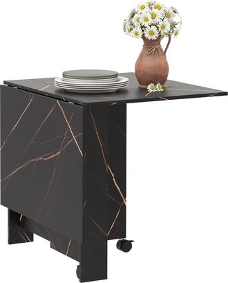 OEM Mesa De Comedor Plegable Con Ruedas Y 2 Alas Abatibles Hasta 6 Personas Acabado M&aacute;rmol 120x80x73 Cm Negro