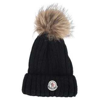 Moncler Pre-owned Womens Knitted Faux Fur Pom Pom Beanie in Black Wool - One Size