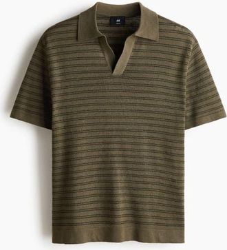 H&M Regular Fit Linen-blend Polo Shirt in Dark Khaki Green/striped at Nordstrom, Size Xx-Large