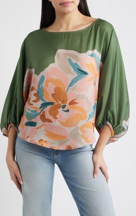 Wit & Wisdom Placement Print Peasant Top in Basil Multi at Nordstrom, Size X-Large
