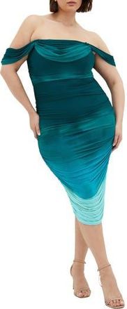 City Chic Ombr&eacute; Ruched Square Neck Cap Sleeve Dress in Sea Ombre at Nordstrom Rack, Size L/20W