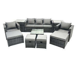 Fimous 9 Seater Patio Lounge Sofa Set with 2 Side Tables 4 Footstool in Dark Grey