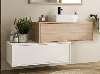 Vente-Unique Mobile per bagno sospeso con lavabo singolo e due cassetti 94 cm Bianco e Naturale chiaro - TEANA II