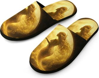 Generic Golden Mermaid with Moon Mens Flannel Slipper Soft Comfy House Shoes Non Slip Winter Warm Indoor Outdoor Slippers