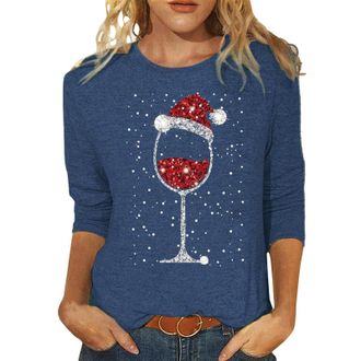 Generic Christmas T Shirts for Women UK 3/4 Sleeve Holiday Tops Wine Glass Xmas Tree Graphic Printed Crewneck Dressy Casual Tunic T-Shirt Ladies Winter Holida