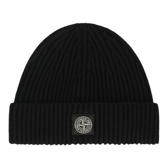 Stone Island Beanies, male, Black, Size: ONE SIZE Ribbed Wool Beanie with Front Logo