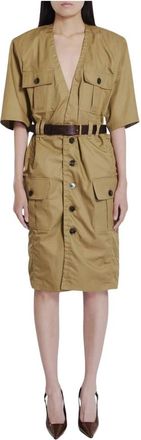 Saint Laurent Safari Jurk met Knoopsluiting - Dames - Shirt Kleedjes - Beige - XS - Katoen - Kleedjes