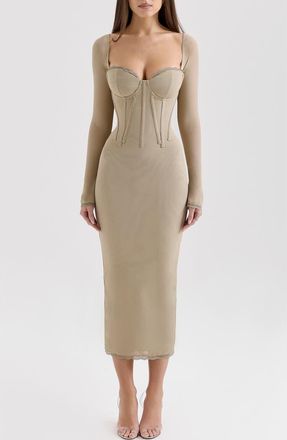 House of CB Saisha Long Sleeve Lace Cocktail Midi Dress in Tree House at Nordstrom, Size X-Small A