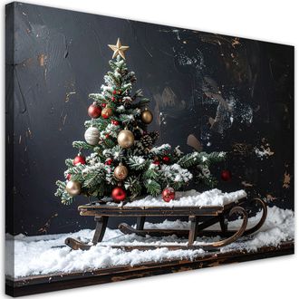 Feeby Cuadro Sobre Lienzo, &Aacute;rbol De Navidad Regalos Trineo, 120x80